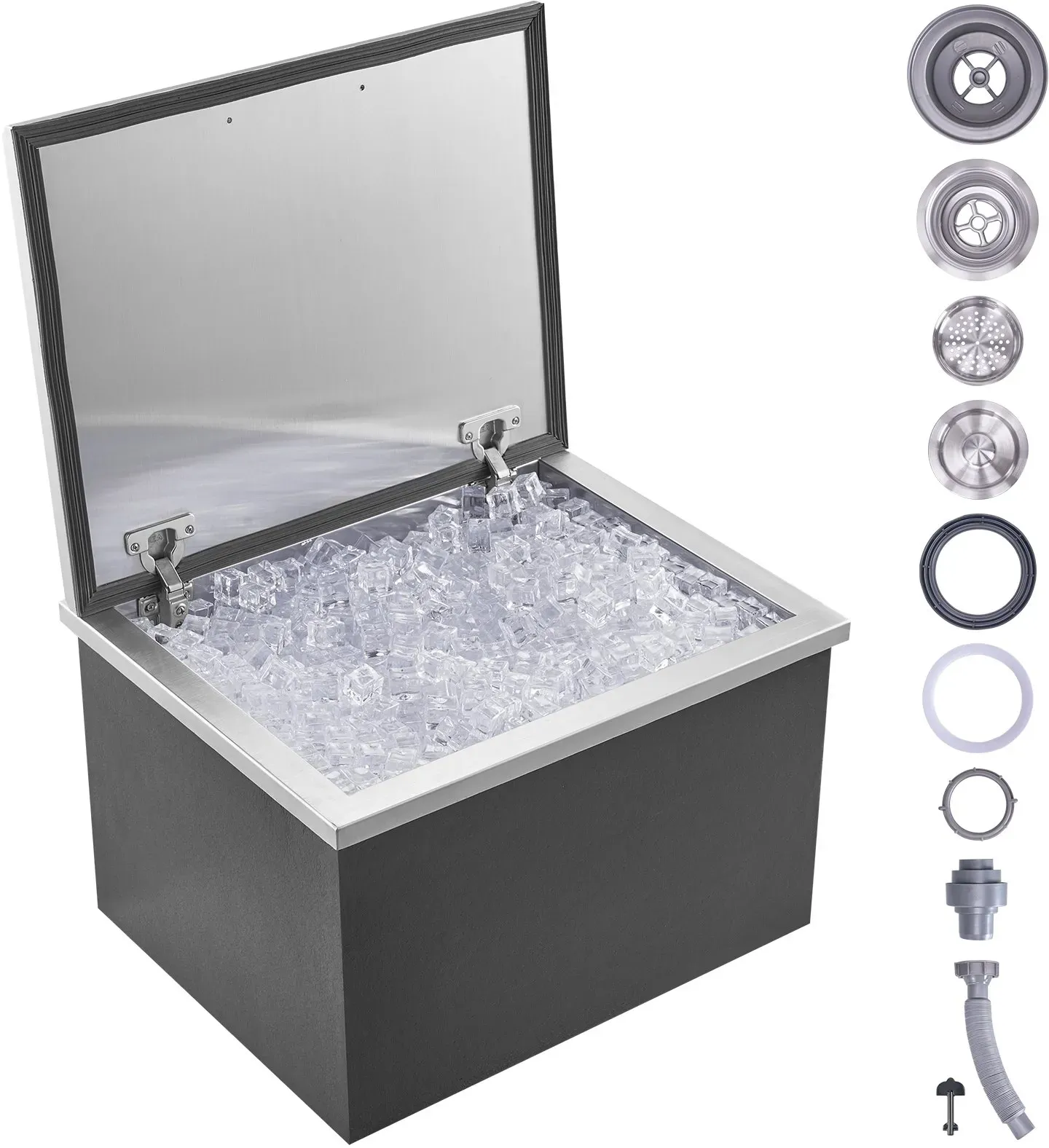 VEVOR Drop-in-Eisbox, 44,24 L Edelstahl-Eiskühler, 507 x 407 x 333 mm Kommerzieller Eisbehälter mit Klappdeckel, Eingebaute Eisspeichertruhe, Abflussrohr und Ablassstopfen im Lieferumfang Enthalten