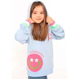 Zwilling Hoodie ""Always Happy" Kids", Mädchen, Gr. 134/140, blau, Sweatware, Obermaterial: 50% Baumwolle, 50% Polyester, modisch, regular fit hüftbedeckend, ohne Ausschnitt, Langarm angesetztes Bündchen, Sweatshirts, mit großem Smiley und neonfarbenen Details