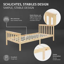 ML-Design Holzbett 90x200 cm Natur, Kiefernholz, Bettgestell mit Lattenrost und Füße, Einzelbett mit Kopf- und Fußteil, Bett für Kinder und Erwachsene, Massivholzbett Kinderbett Jugendbett