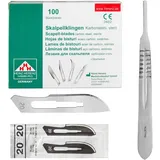 Set - 100 Stück sterile Skalpellklingen Figur 20 aus Karbonstahl - Ersatzklingen + 1 x Shehadeh - Skalpell-Halter - Edelstahl