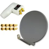 PremiumX DELUXE85 Aluminium Anthrazit 85cm Antenne Digital SAT Schüssel Spiegel HDTV HD 3D 4K + PremiumX LNB Quad 0,1dB Weiß Quattro Switch + 8x F-S