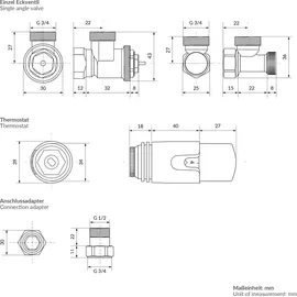 luxebath Thermostatventil + Rücklaufverschraubung für Heizkörper Komplett-Set Eckform Weiß