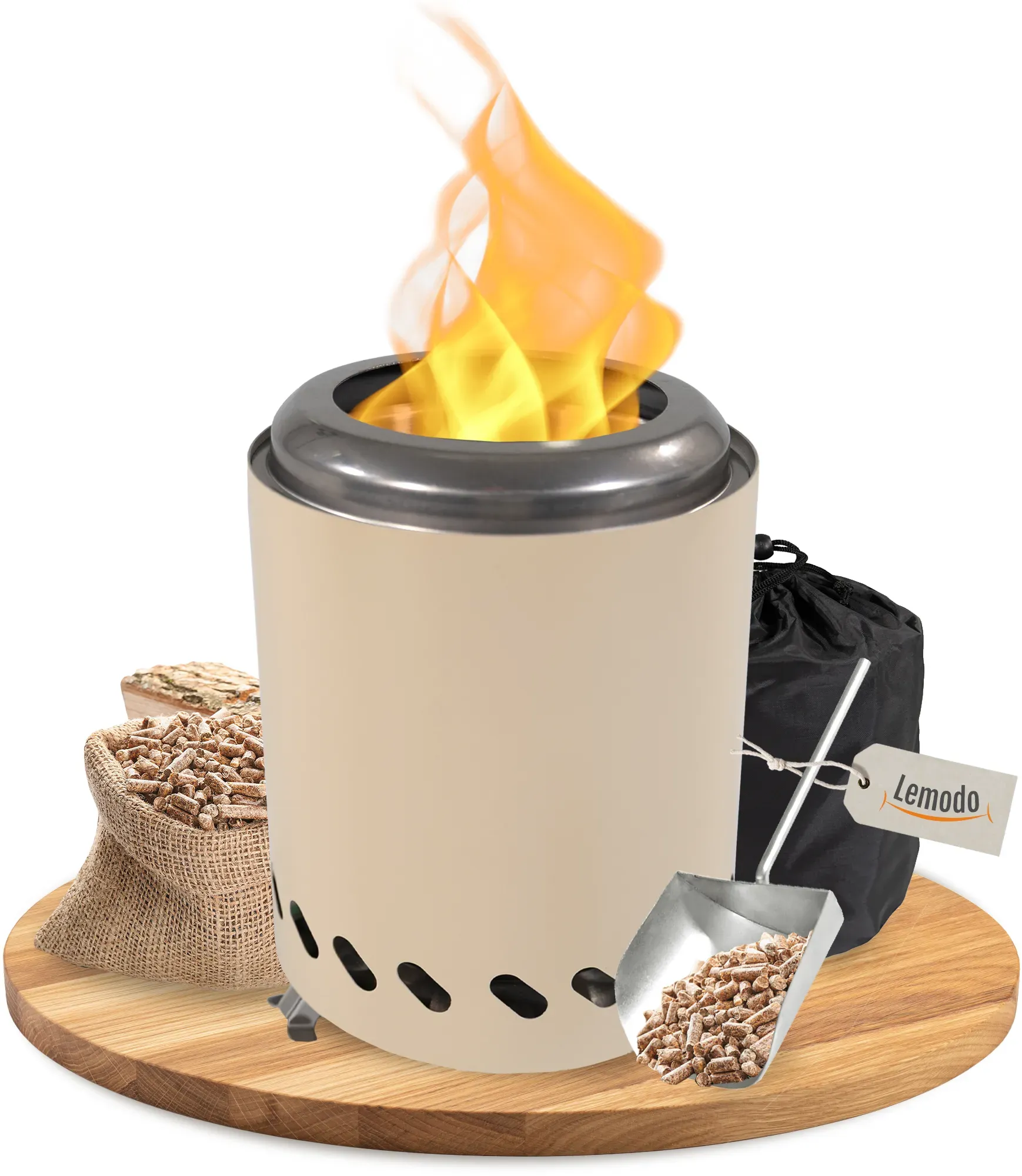 Tischkamin beige für Holzpellets, rauchfreies Tischfeuer, Feuerstelle