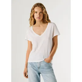 Pepe Jeans T-Shirt PEPE JEANS "MEGAN V-NECK", Damen, Gr. S, weiß, Leinenmischung, Obermaterial: 50% Baumwolle, 50% Leinen, unifarben, hüftlang, V-Ausschnitt, abgesteppte Kante, Shirts T-Shirt, im Materialmix mit Leinen