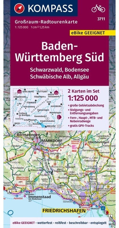 Kompass Grossraum-Radtourenkarte 3711 Baden-Württemberg Süd, Schwarzwald, Bodensee, Schwäbische Alb, Allgäu 1:125.000, Karte (im Sinne von Landkarte)