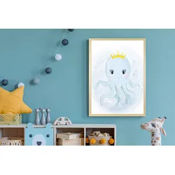 Bild mit Rahmen QUEENCE "Oktopus mit Krone", gelb (farbe rahmen: natur, braun, beige, farbe bild(er): gelb), B:50cm H:70cm T:1,5cm, Plexiglas, Holz, Bilder, HD Premium Posterdruck mit Echtholzrahmen