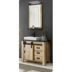 Furn.Design Badmöbel Set 4-teilig in Used Wood hell und anthrazit Badkombination MIT Waschbecken und LED Spiegellampe Stove