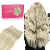 WENNALIFE Tressen Extensions Echthaar, 45cm 90g Aschblond Highlights Platinblond Echthaar zum Einnähen Echthaar Extensions Tressen Weft Haarverlängerung Echthaar Tressen Sew In Hair Extensions