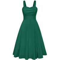 Damen Blumenkleid Sommer A-Linie Spaghetti Sommerkleid Midi Rockabilly Cocktailkleid Strand Dunkelgrün S - S