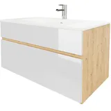 wohnartig® Stella Waschtischunterschrank – Hängend | Eiche Artisan | Weiß Hochglanz | 81,2 × 46,5 × 50 cm | Moderner Waschbeckenunterschrank mit Keramikwaschbecken | Waschbecken mit Unterschrank