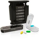 Nestor&Gamble Tablettenbox 7 Tage I Pillenbox mit 4 Fächern für morgens, mittags, abends & nachts I Praktische Wochen-Tablettenbox inkl. Tablettenteiler I Tablettenturm 7 Tage I Doppelpack I Schwarz