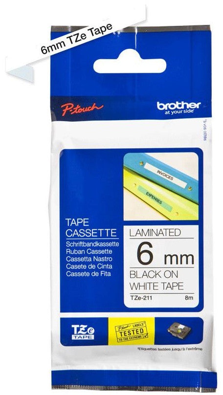 Brother TZe-211 Schriftbandkassette 6 mm Weiß - Selbstklebend und laminiert - Strapazierfähiges Polyester - Druckfarbe Schwarz - 8m Bandlänge