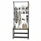 Hollyfield Platzsparender Garderobenständer 181 cm mit 3 Ebenen, Schuhablage, 8 Haken & Sitzbank – Metall Flurregal für Flur, Eingang, Schlafzimmer – Modernes Design, Stabiler Rahmen – Farbe: Grau
