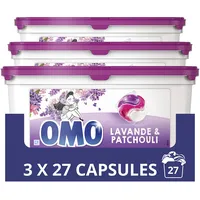 OMO Waschmittel Kapseln 3-in-1 x81, Lavendel & Patchouli mit natürlichen Essenzen, ein beruhigender Duft, Eco Pack 81 Kapseln (3 x 27 Waschladungen)