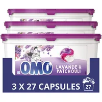 OMO Waschmittel-Kapseln 3-in-1, 81 Stück, Lavendel & Patchouli mit natürlichen Essenzen, ein beruhigender Duft, Eco Pack mit 81 Kapseln (3 x 27 Waschladungen)