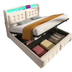 Merax Polsterbett LED Doppelbett 140x200cm mit Ladefunktion und hydraulischem Stauraum, Beige