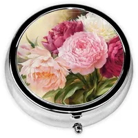 Runde Pillendose mit Pfingstrosen-Blumen-Motiv: 5,1 x 5,1 x 1,8 cm, niedliche Mini-Reise-Medikamenten-Organizer-Box für Geldbörse, Tasche