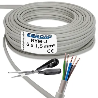 EBROM NYM-J 5x1,5 mm2 - Mantelleitung - Installationskabel - Feuchtraumkabel - grau - Auswahl in 1 Meter Schritten - Meterware auf den Meter genau - Ihre Auswahl: NYM-J 5x1,5 mm2, 6 Meter