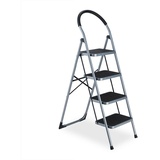 Relaxdays Trittleiter, klappbare Haushaltsleiter, 4 Stufen, bis 150 kg, Stufenleiter mit Haltegriff, Stahl, grau/schwarz