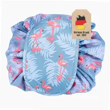 Intirilife Kosmetiktasche in GRAU ROSA Flamingo - 62 x 54 cm - Runder One Step Kulturbeutel mit Kordelzug zum Zusammenziehen mit 2 inneren Reißverschlussfächern zur Aufbewahrung von Make-Up etc.