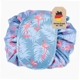 Intirilife Kosmetiktasche in GRAU ROSA Flamingo - 62 x 54 cm - Runder One Step Kulturbeutel mit Kordelzug zum Zusammenziehen mit 2 inneren Reißverschlussfächern zur Aufbewahrung von Make-Up etc.