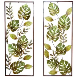 Wandbild mit Blatt Motiv Grün Braun Metall (2er Set)