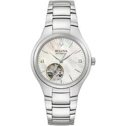 Automatikuhr BULOVA, silber (silberfarben), Armbanduhren, Damen, Armbanduhr, Damenuhr, Edelstahlarmband, Perlmuttzifferblatt, Diamant