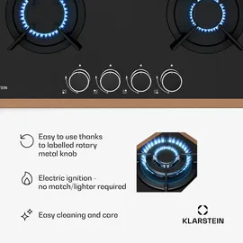 Klarstein Lumiflame Gaskochfeld, 4-Brenner, 8 kW, Kupferrahmen & Glas, Elektrische Zündung, FFD-Sicherheit, Gusseiserne Topfträger, 60 cm, LPG & | | Braun