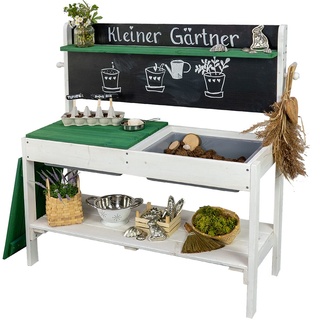 Meppi Matschküche Kleiner Gärtner - Outdoorküche aus Holz - Pflanztisch für Kinder/Basteltisch - Weiss/grün
