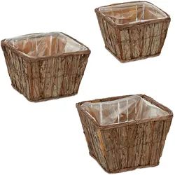 Relaxdays Blumentopf, 3er Set, Holz, Pflanzenkorb mit Folie, 3 Größen, Blumen & Kräuter, Pflanzgefäße quadratisch, natur