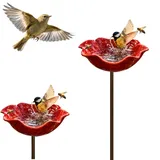 FOUTP Bunte Metall Blumenstecker mit Vogeltränke und Bienenstation Wetterfeste Gartenstecker Deko für Außen Garten Rasen und Blumenbeet (2PCS Rot)