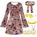 Hippie Kostüm Damen 60er 70er Jahre Bekleidung Damen, 60er 70er Disco Kostüm Damen, Faschingskostüme Flower Power Kleidung Damen, 7-teiliges Hippie Kostüm Set mit Hippie Kleid Hippie Accessoires