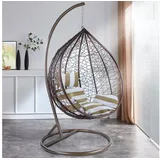 RAMROXX Luxus Hängesessel Miami XXL Polyrattan Korb und Gestell braun Weiss