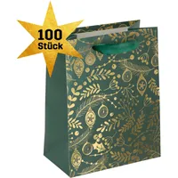 SIGEL GT119/100 mittelgroße Premium Geschenktüten aus Papier, 100er Set Großpackung, 18 x 23 cm, grün, gold, Papier-Geschenktaschen Weihnachten