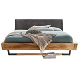 TPT Möbel Massivholzbett Waldzauber Polsterkopfteil, Balkenbett mit Metallkufen schwarz und Holzinlay braun