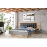 Forte RICCIANO Bett 300, Bett + 2 Nachtkommoden mit 2 Schubladen, Holzwerkstoff, Stabeiche Holzdekor/Betonoptik dunkelgrau, 296,5 cm breit x 120 cm hoch x 209,9 cm tief