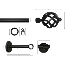 GARESA Gardinenstange GARESA "RUSTIKA", schwarz, L:400cm Ø:16mm, Metall, Gardinenstangen, rustikale Vorhanggarnitur, verlängerbar, m. Ringe, Endknopf Korb