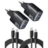 INIU 30W USB C Ladegerät, GaN Schnellladegerät mit 1,5m 60W Kabel, Dual-Port Netzteil mit intelligentem Geräteschutz für iPhone 17 16 Pro Max, iPad MacBook Air Galaxy S26 Pixel Xiaomi [2-Pack Schwarz]