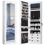 Costway Schmuckschrank mit LED Beleuchtung, 6 Schubladen und Spiegel, Sipegelschrank hängend, Hängeschrank für Tür und Wandmontage, abschließbar (Weiß)