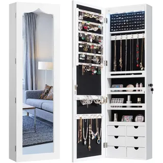 Costway Schmuckschrank mit LED Beleuchtung, 6 Schubladen und Spiegel, Sipegelschrank hängend, Hängeschrank für Tür und Wandmontage, abschließbar (Weiß)