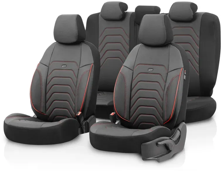 Komplettset Luxus-Polsterung OTOM aus Textil mit Kunstleder CORE Design – Schwarz mit roter Naht, für Vorder- und Rücksitze