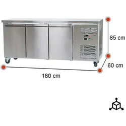 Romux® Kühltisch mit 3 Türen 180x60 cm mit Luftkühlung | Theken Kühlschrank aus Edelstahl mit Kapazität 339 L und Leistung 750 W