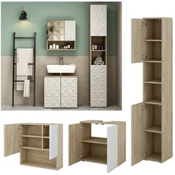 Vicco Badmöbel-Set Badezimmer-Möbel Bad-Schrank Edge Eiche Weiß modern Badezimmerschrank Waschbeckenunterschrank Spiegelschrank Hochschrank Badezimmerkommode