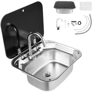 ROGONPDK RV Camping Spüle Bausatz, Einzelne Schüssel Wohnwagen Waschbecken Set, Edelstahl RV Wohnmobil Spülbecken mit Wasserhahn & 3 Rohre, Camping SpüLbecken für Wohnmobile, kleine Küchen