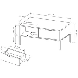 Feldmann-Wohnen Couchtisch, Grau, Holz, 1 Fächer, 1 Schubladen, Rechteckig,Rechteckig, 96.6x44.4x60 cm, Wohnzimmer, Wohnzimmertische, Couchtische