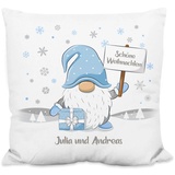 Deko-Kissen personalisiert mit Wunschtext „Schöne Weihnachten“ - mit Wichtel-Motiv - 40x40cm, inkl. Kissen-Füllung - Zierkissen Weihnachtskissen Weihnachts-Geschenk (Strukturiertes Kissen)