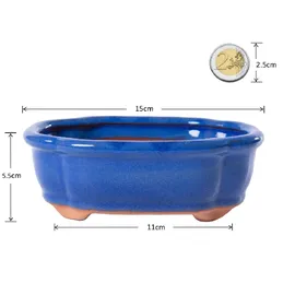 H&D Manufaktur Jinfa 2 glasierte Keramik Bonsai Töpfe mit Entwässerungslöchern – 2 Drainagegitter | Blau