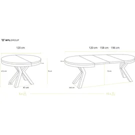 WFL GROUP Runder Ausziehbarer Esstisch im Loft-Stil - Industrieller Tisch mit schwarzen Metallbeinen - Platzsparender Tisch für Wohnzimmer - Grauer Beton - 120 cm