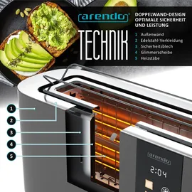 Arendo Toaster 2 Scheiben, Langschlitztoaster, Langschlitz, Edelstahl, 1000W, Display mit Restzeitanzeige, Brötchenaufsatz, Defrost Funktion, Wär... - Grau