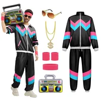rumnigh 80er 90er Jahre Kostüm mit schickem Trainingsanzug für Männer und Frauen, 80er Jahre Disco Hip Hop Trainingsanzug für Halloween und Karnevalspartys (Schwarz, L)